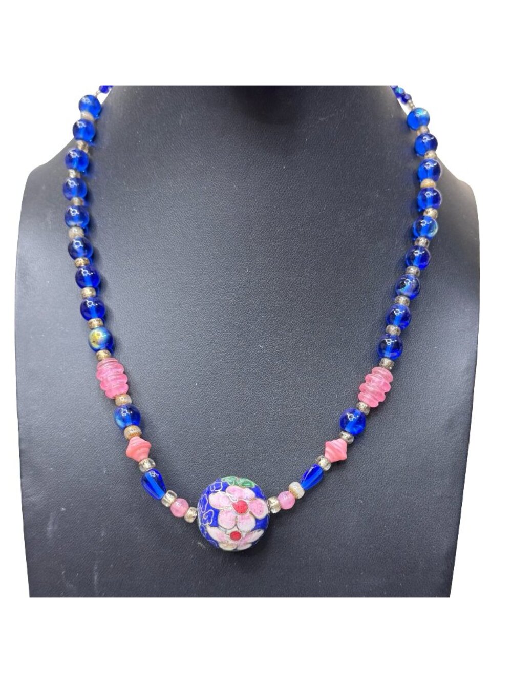 Handcrafted Cloisonné Bead Necklace Ventian Cobalt Blue & Pink Glass Beads 18"
